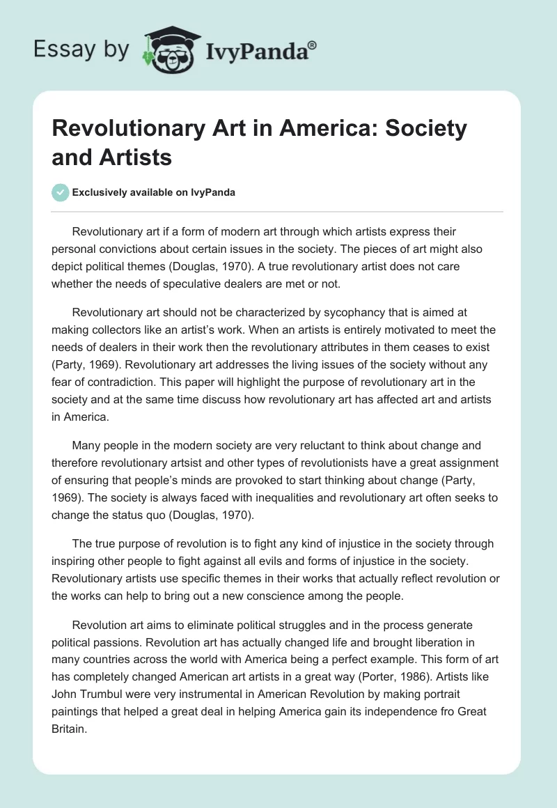 Revolutionary Art in America: Society and Artists. Page 1