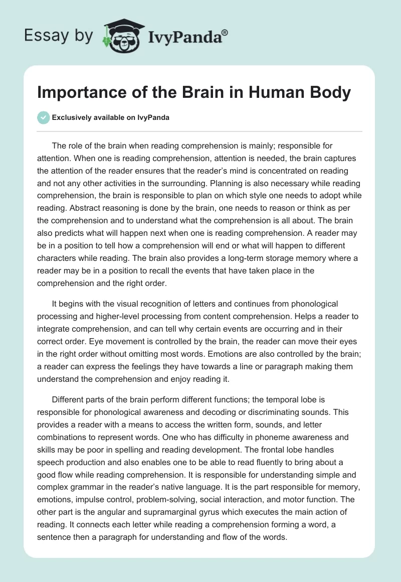 Importance of the Brain in Human Body. Page 1