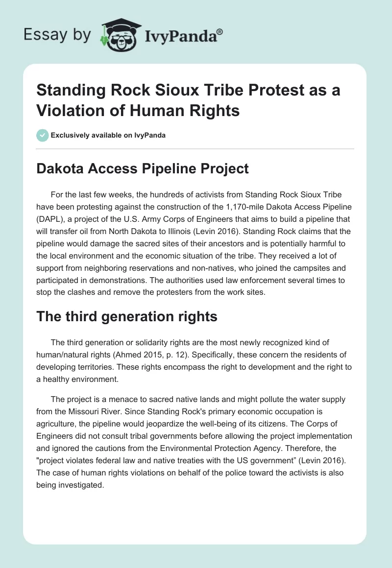 Standing Rock Sioux Tribe Protest as a Violation of Human Rights. Page 1