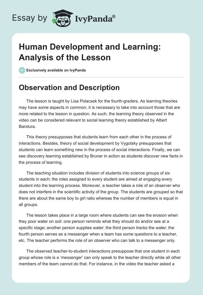 Human Development and Learning: Analysis of the Lesson. Page 1