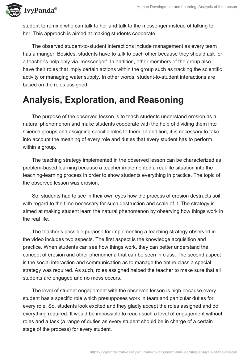 Human Development and Learning: Analysis of the Lesson. Page 2