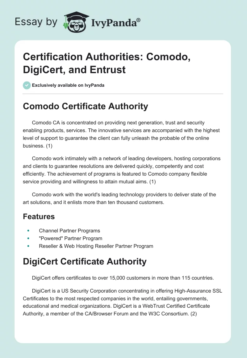 Certification Authorities: Comodo, DigiCert, and Entrust. Page 1