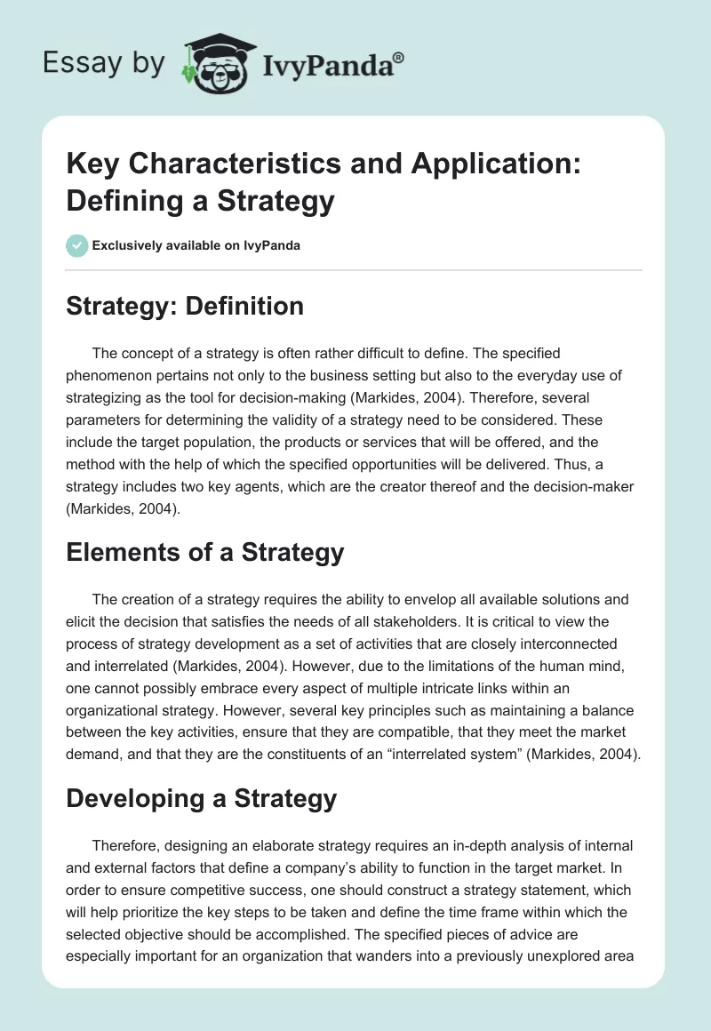 Key Characteristics and Application: Defining a Strategy. Page 1
