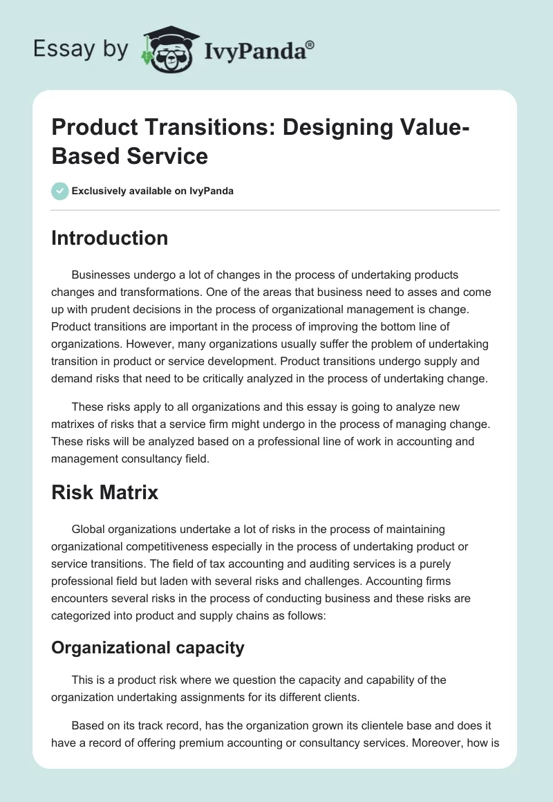 Product Transitions: Designing Value-Based Service. Page 1