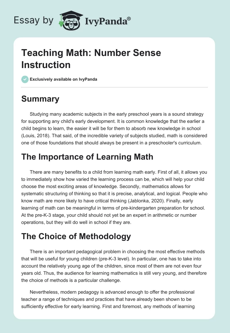 Teaching Math: Number Sense Instruction. Page 1