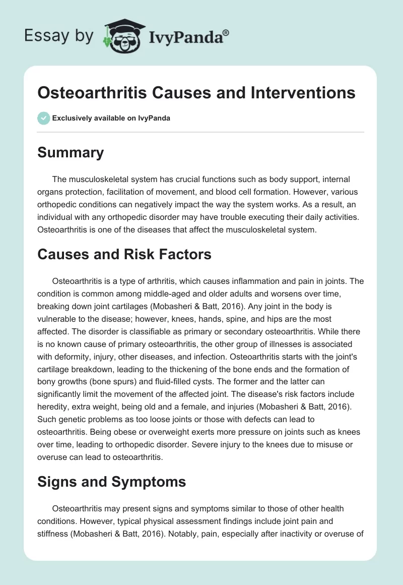 Osteoarthritis Causes and Interventions. Page 1