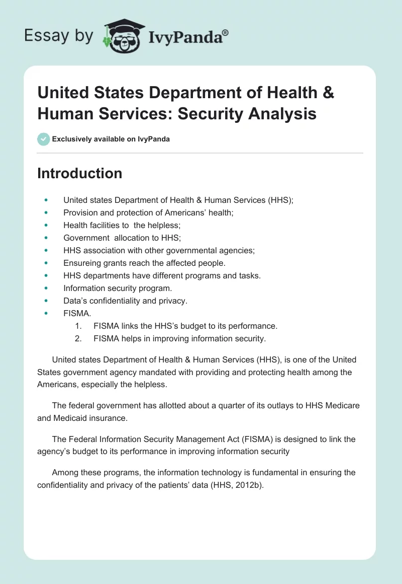 United States Department of Health & Human Services: Security Analysis. Page 1