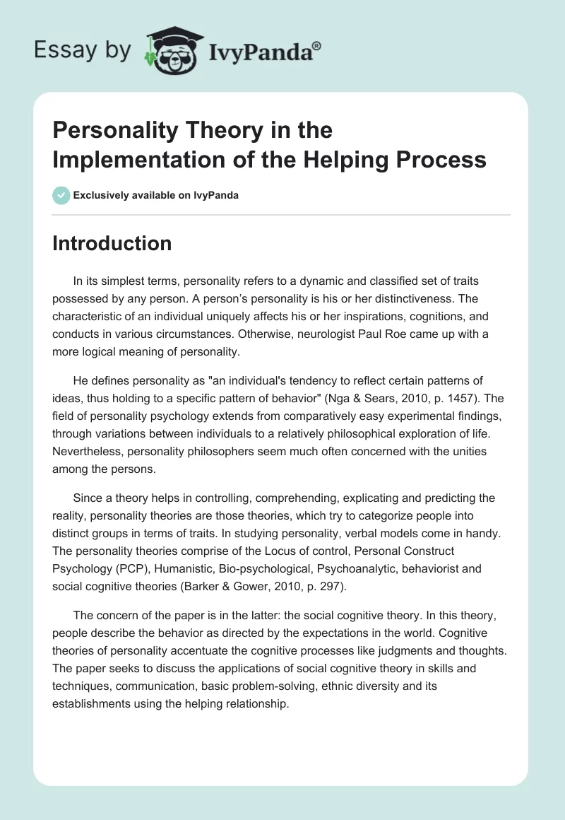 Personality Theory in the Implementation of the Helping Process. Page 1