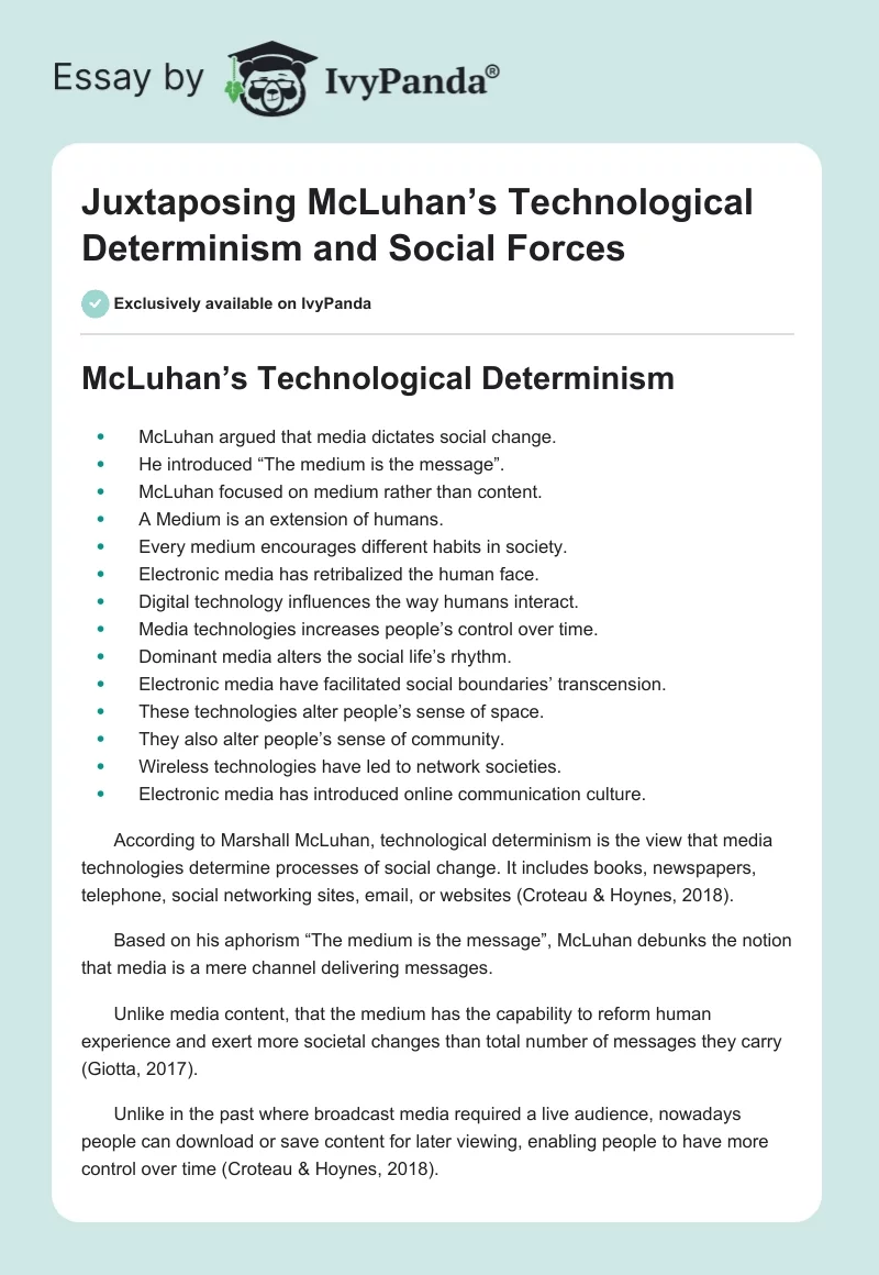 Juxtaposing McLuhan’s Technological Determinism and Social Forces. Page 1