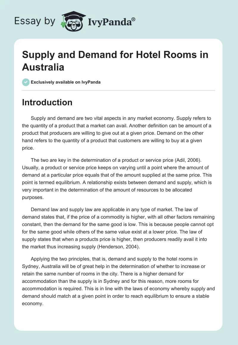 Supply and Demand for Hotel Rooms in Australia. Page 1