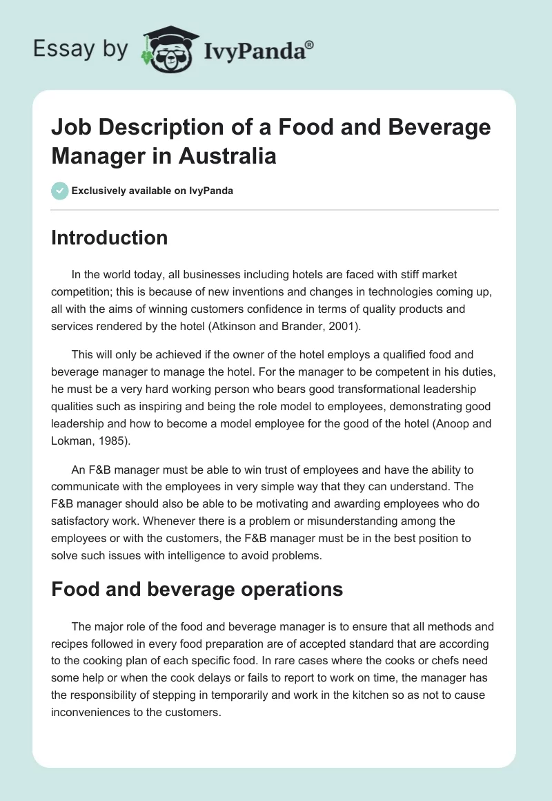 Job Description of a Food and Beverage Manager in Australia. Page 1