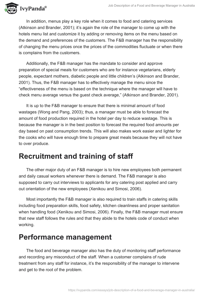 Job Description of a Food and Beverage Manager in Australia. Page 2