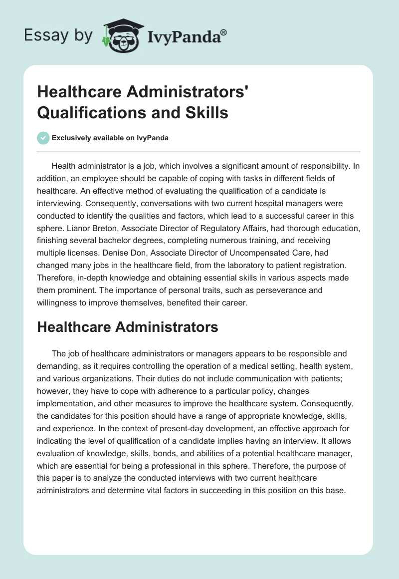 Healthcare Administrators' Qualifications and Skills. Page 1