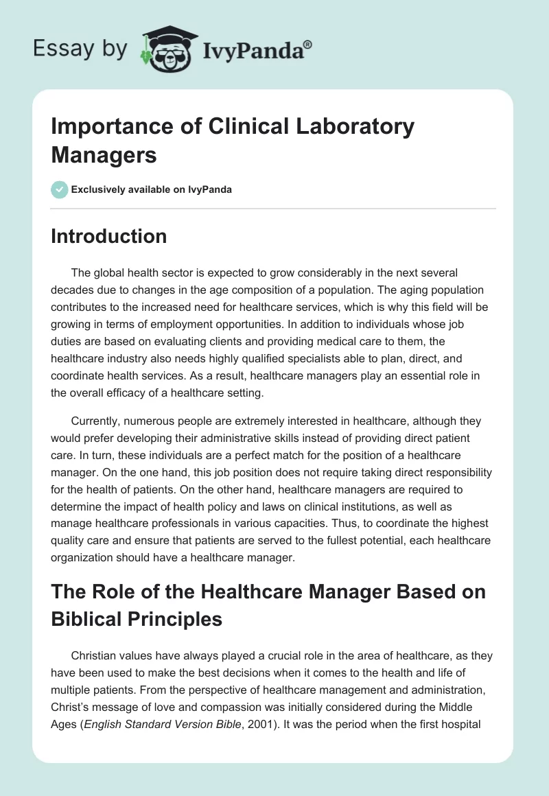Importance of Clinical Laboratory Managers. Page 1