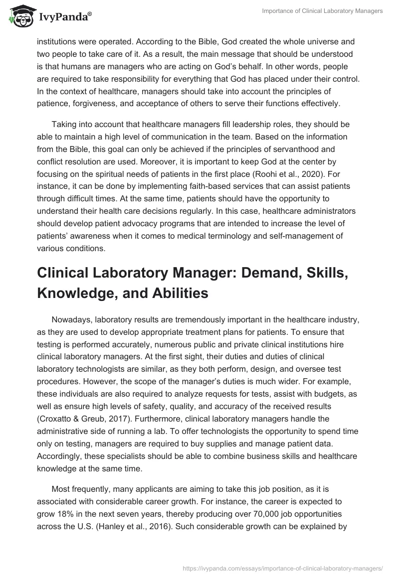 Importance of Clinical Laboratory Managers. Page 2
