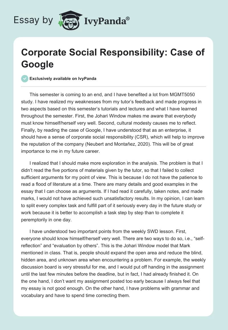 Corporate Social Responsibility: Case of Google. Page 1