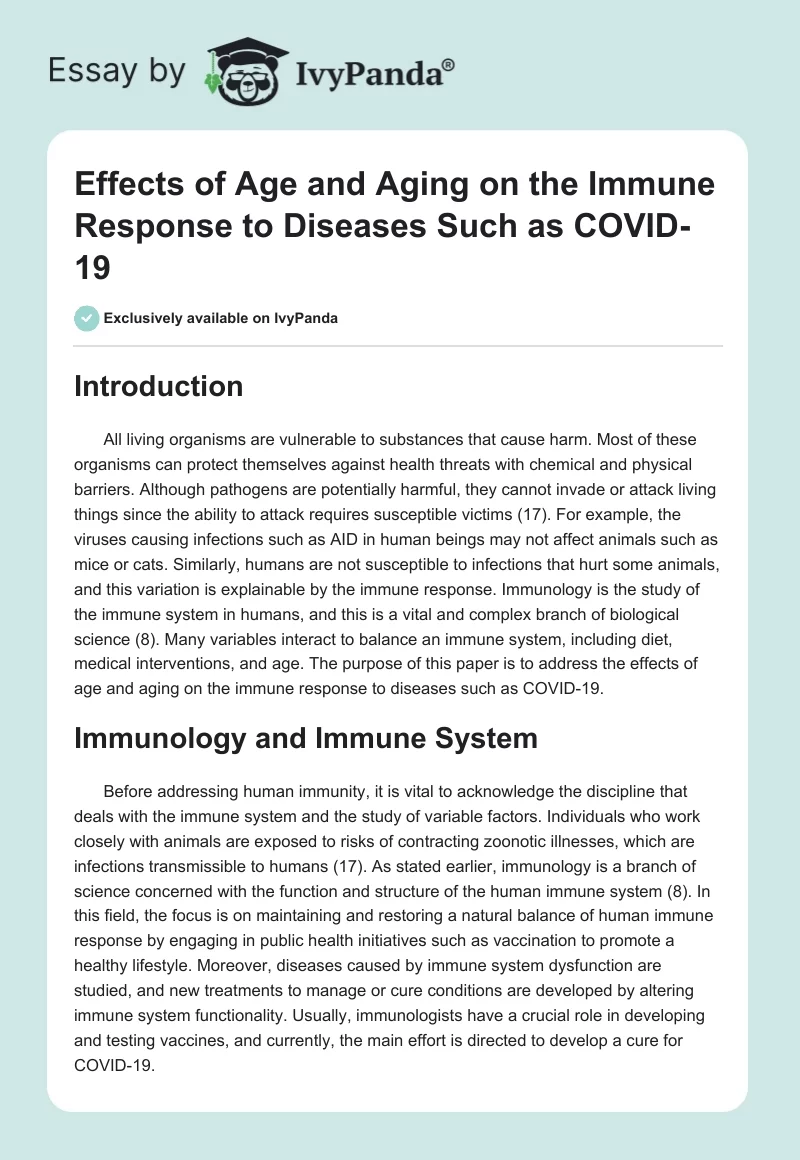 Effects of Age and Aging on the Immune Response to Diseases Such as COVID-19. Page 1