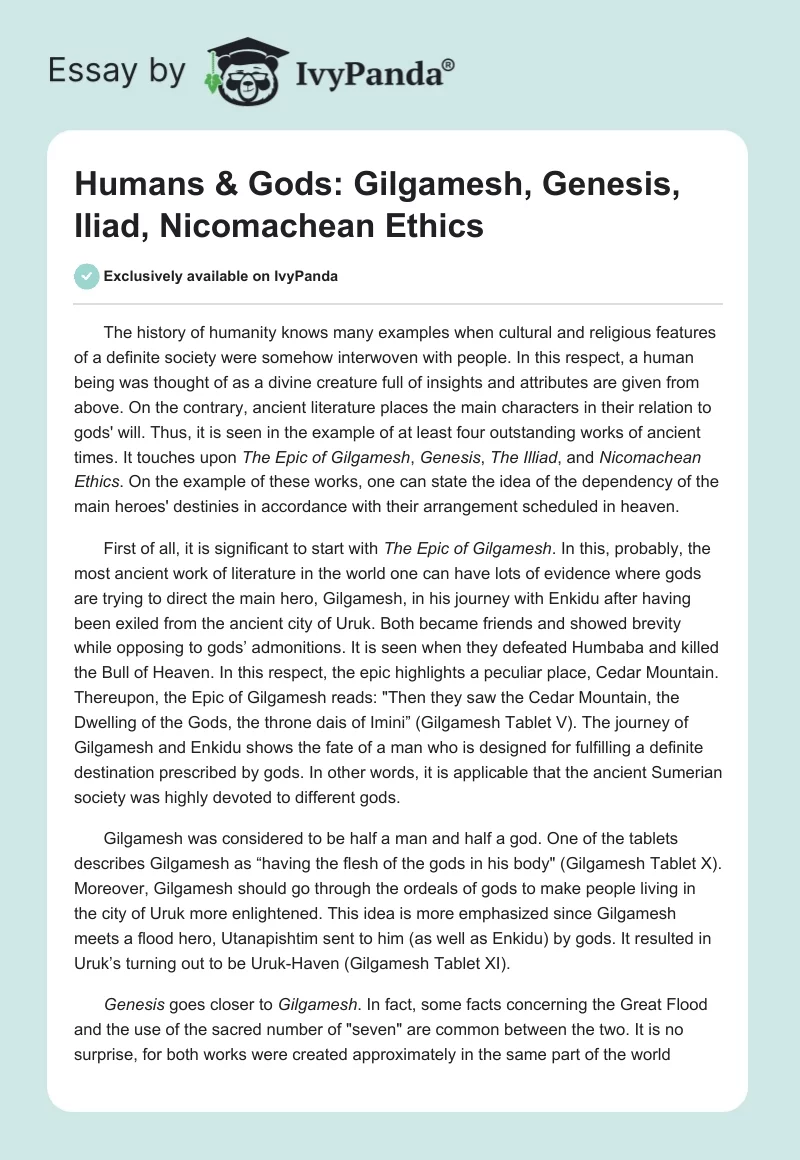 Humans & Gods: Gilgamesh, Genesis, The Iliad, Nicomachean Ethics. Page 1