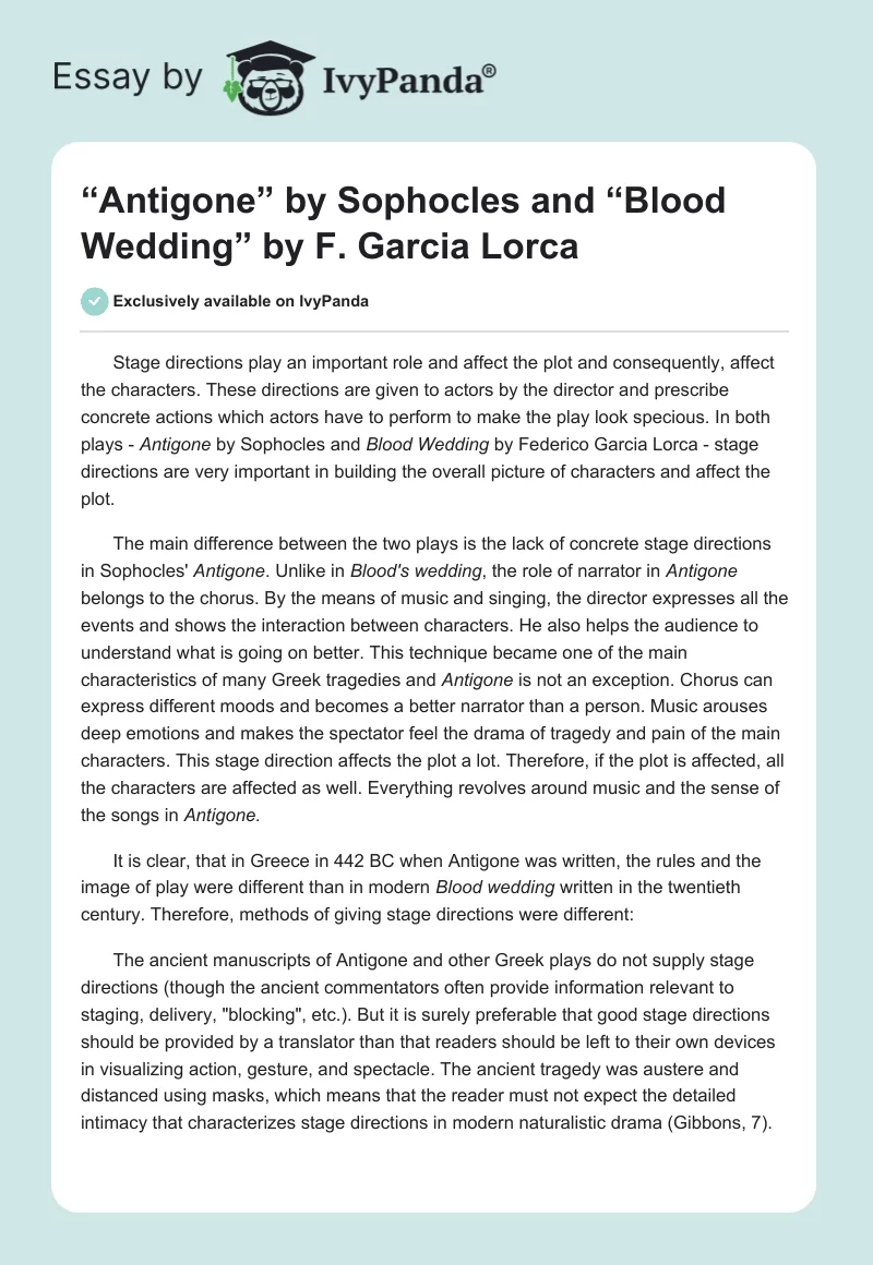“Antigone” by Sophocles and “Blood Wedding” by F. Garcia Lorca. Page 1