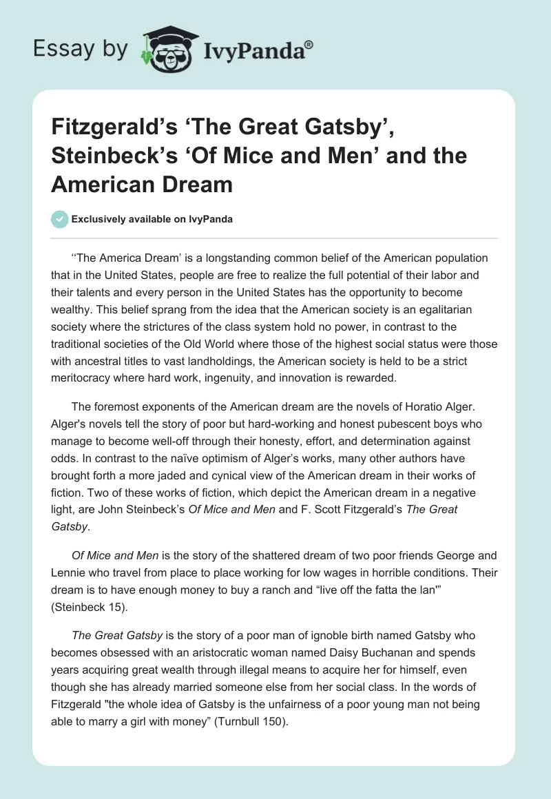 Fitzgerald’s ‘The Great Gatsby’, Steinbeck’s ‘Of Mice and Men’ and the American Dream. Page 1