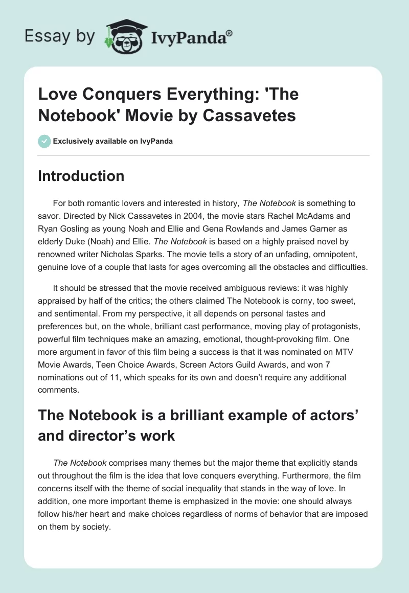 Love Conquers Everything: 'The Notebook' Movie by Cassavetes. Page 1