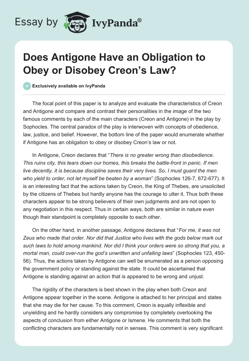 Does Antigone Have an Obligation to Obey or Disobey Creon’s Law?. Page 1