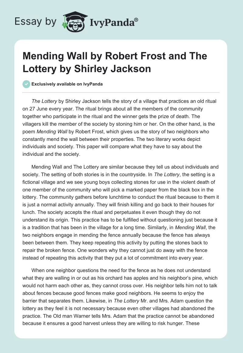 "Mending Wall" by Robert Frost and "The Lottery" by Shirley Jackson. Page 1