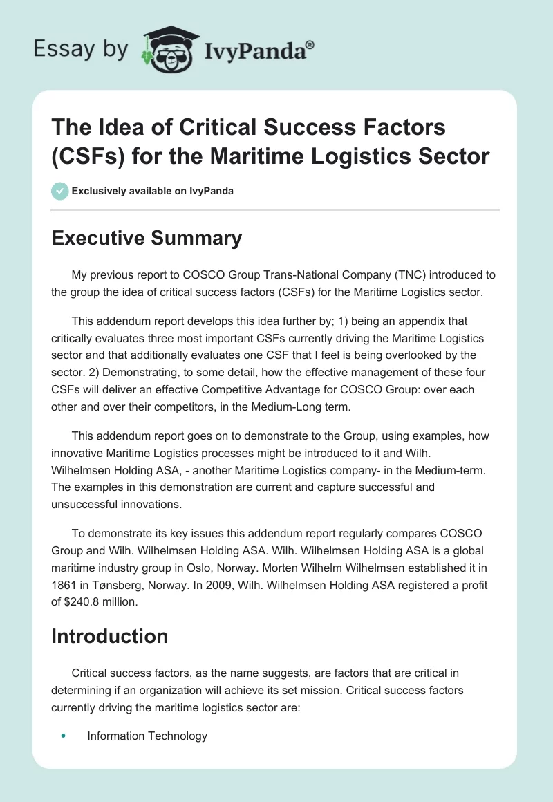 The Idea of Critical Success Factors (CSFs) for the Maritime Logistics Sector. Page 1