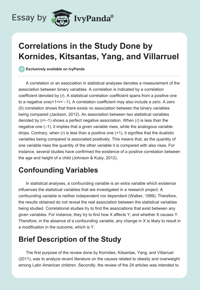 Correlations in the Study Done by Kornides, Kitsantas, Yang, and Villarruel. Page 1