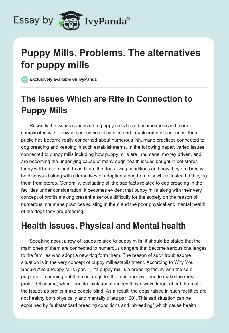 Puppy Mills. Problems. The alternatives for puppy mills. Page 1