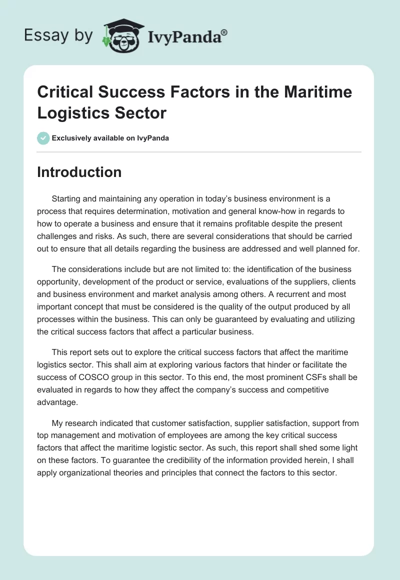 Critical Success Factors in the Maritime Logistics Sector. Page 1