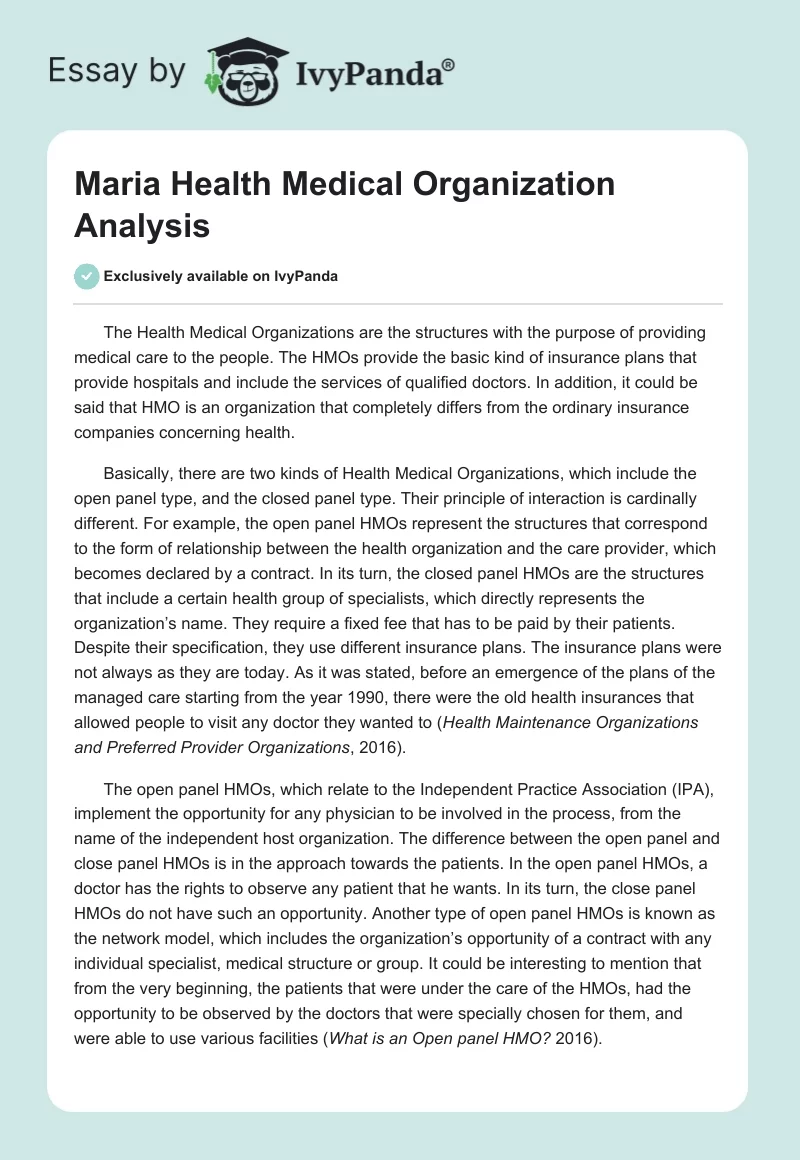 Maria Health Medical Organization Analysis. Page 1