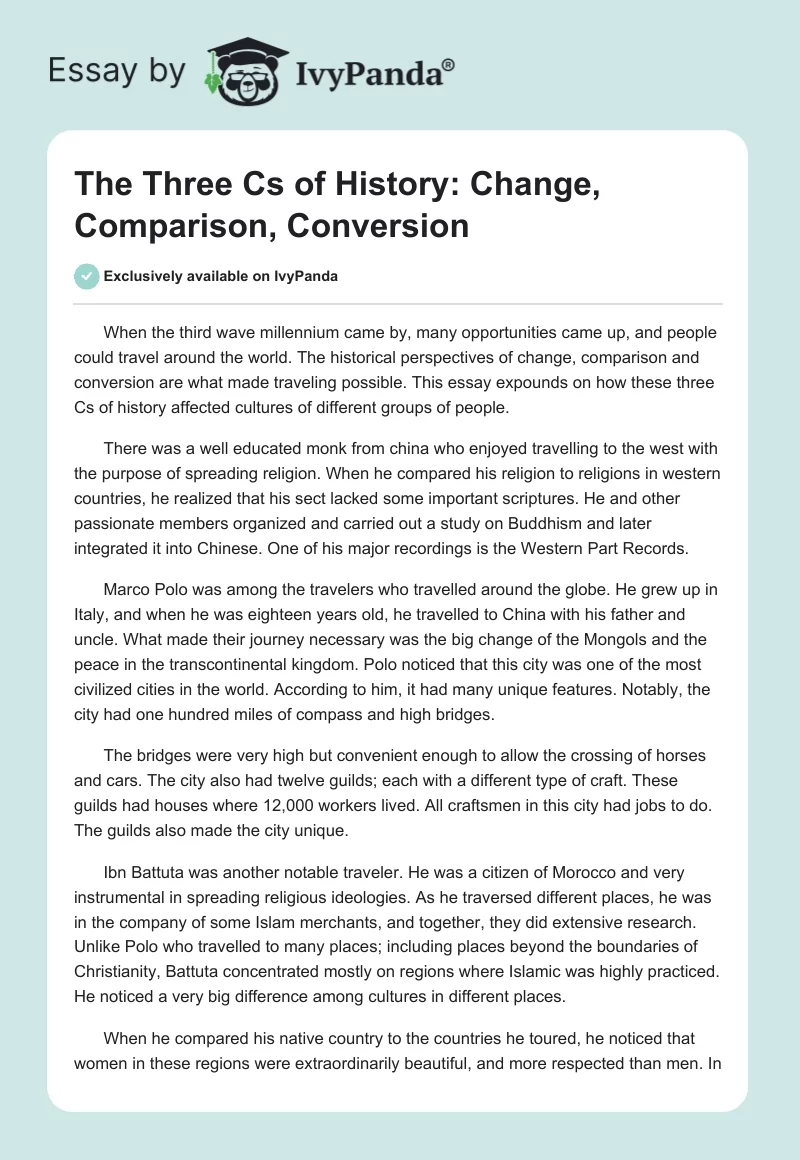 The Three Cs of History: Change, Comparison, Conversion. Page 1