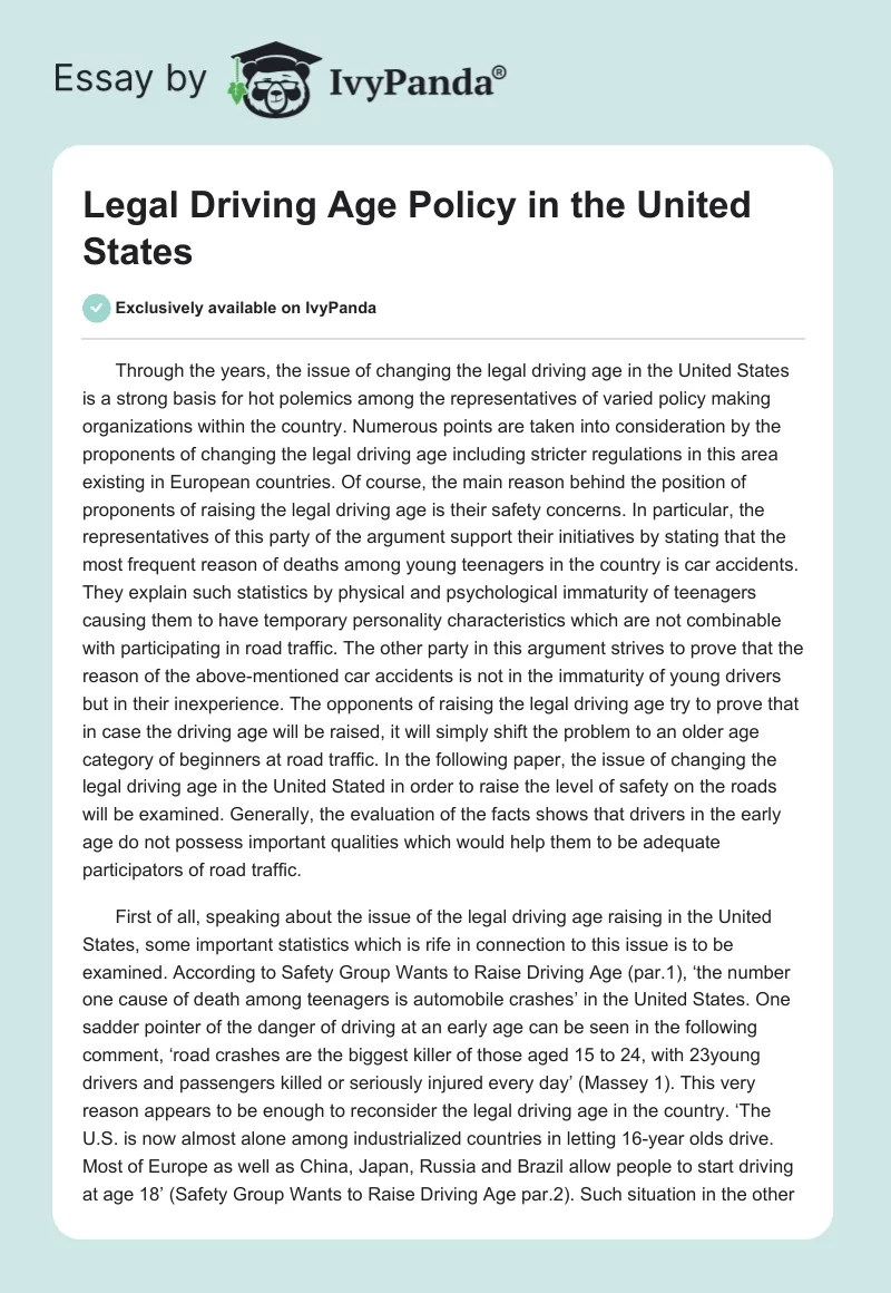 Legal Driving Age Policy in the United States. Page 1
