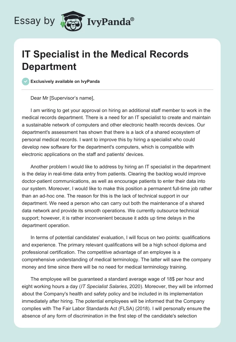 IT Specialist in the Medical Records Department. Page 1