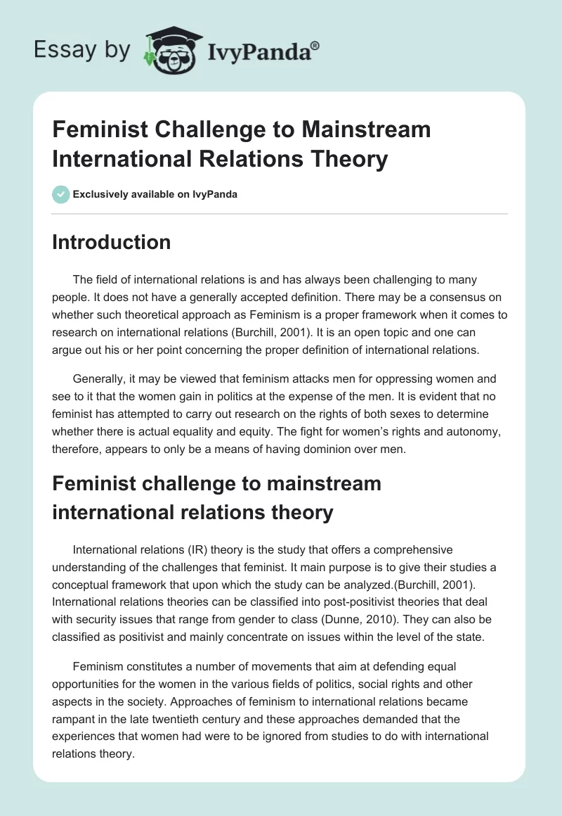 Feminist Challenge to Mainstream International Relations Theory. Page 1