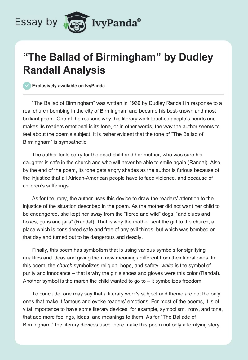 “The Ballad of Birmingham” by Dudley Randall Analysis. Page 1