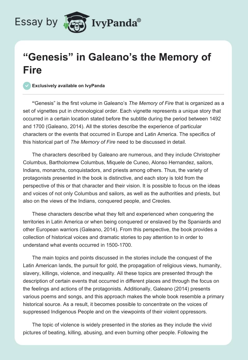 “Genesis” in Galeano’s the Memory of Fire. Page 1