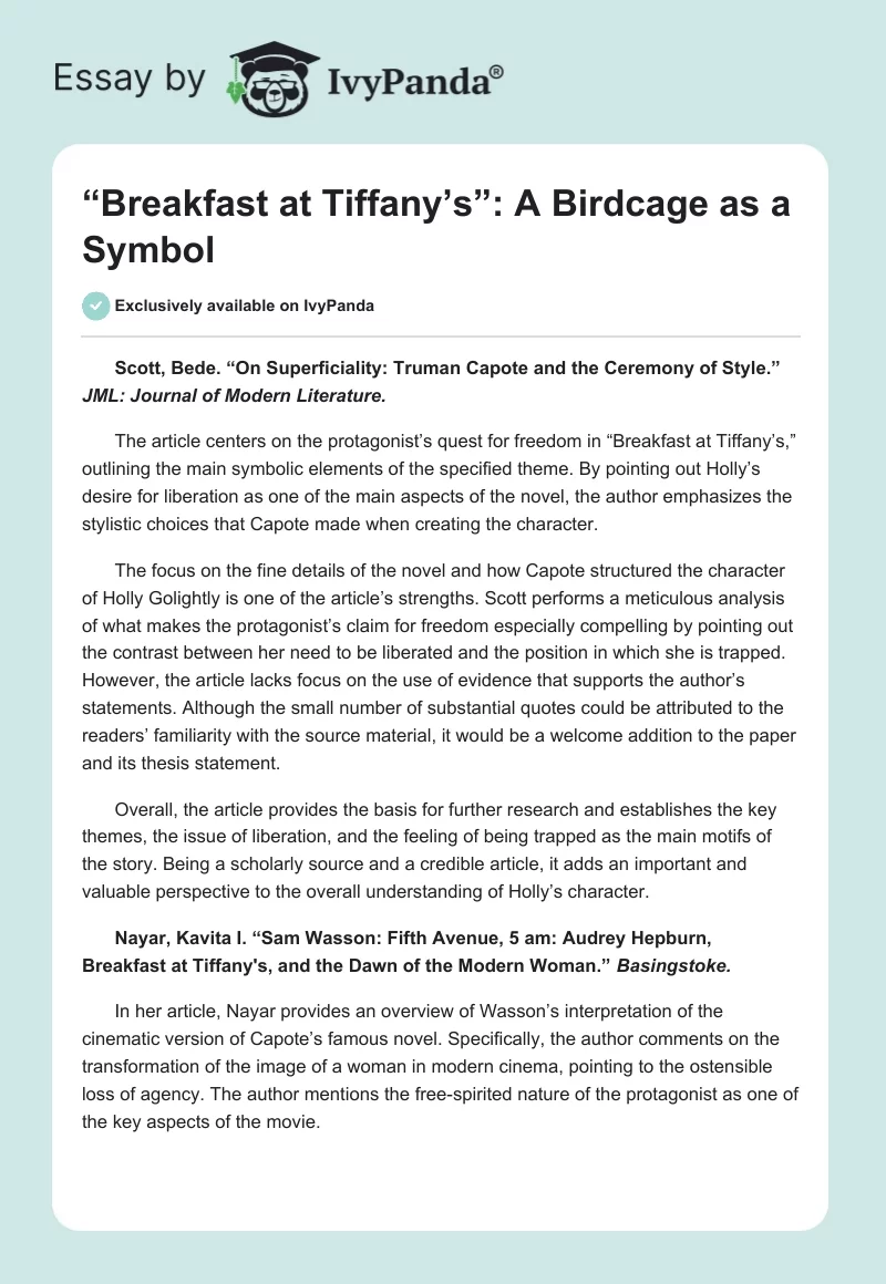“Breakfast at Tiffany’s”: A Birdcage as a Symbol. Page 1