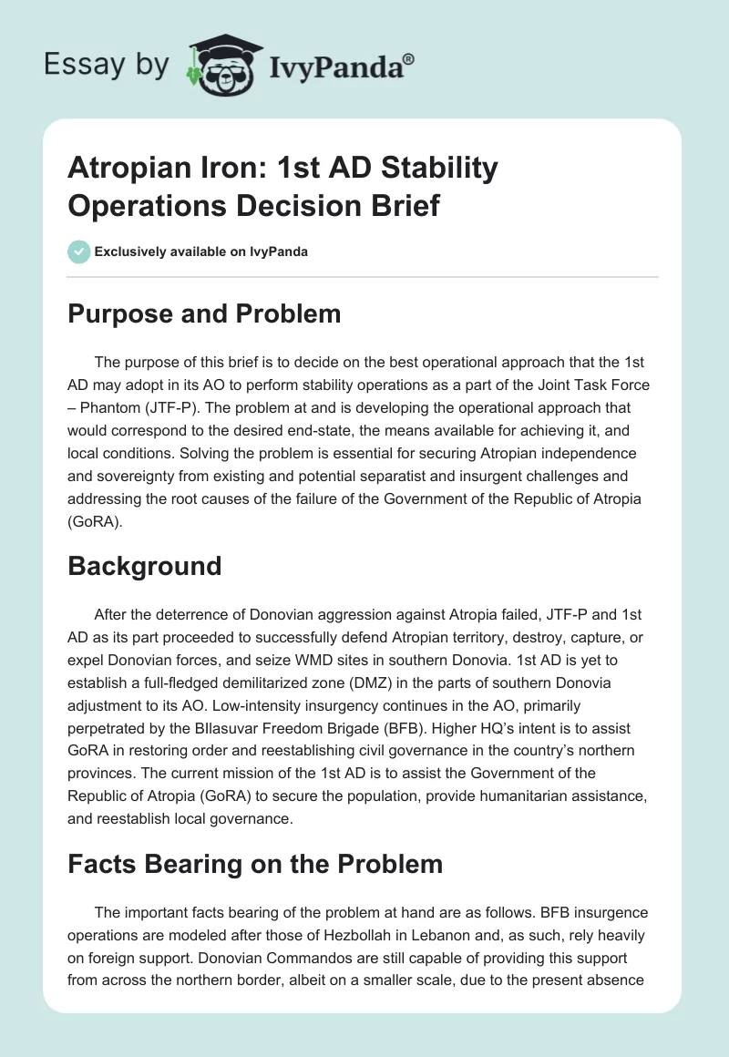 Atropian Iron: 1st AD Stability Operations Decision Brief. Page 1