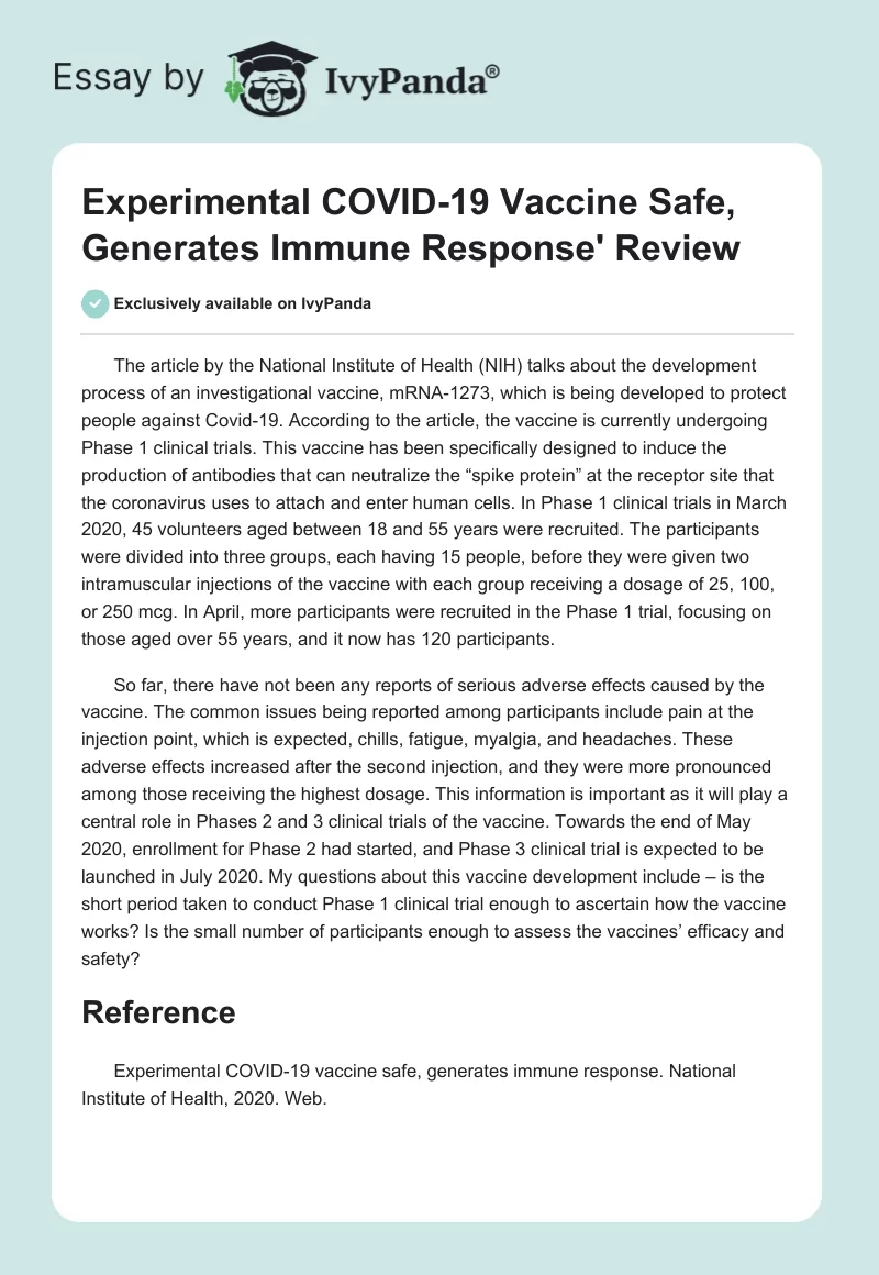 Experimental COVID-19 Vaccine Safe, Generates Immune Response' Review. Page 1