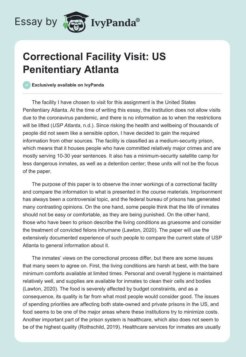 Correctional Facility Visit: US Penitentiary Atlanta. Page 1