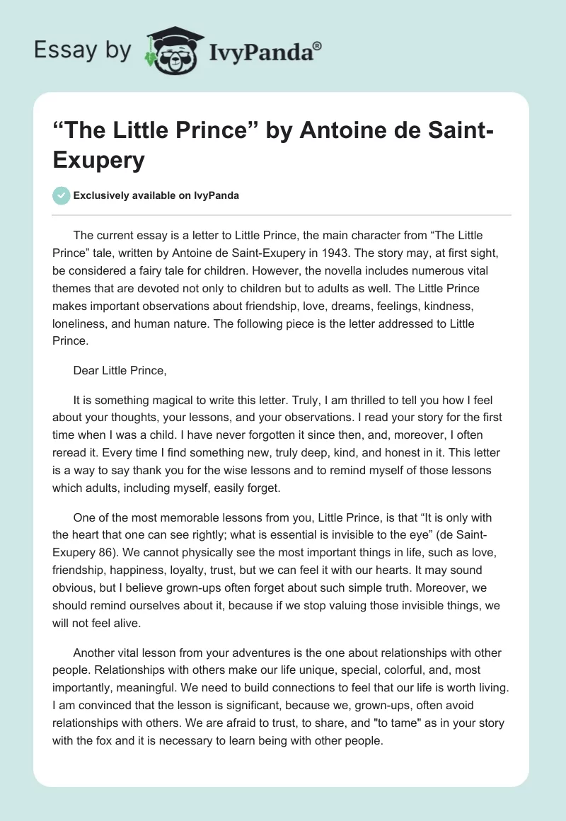 “The Little Prince” by Antoine de Saint-Exupery. Page 1