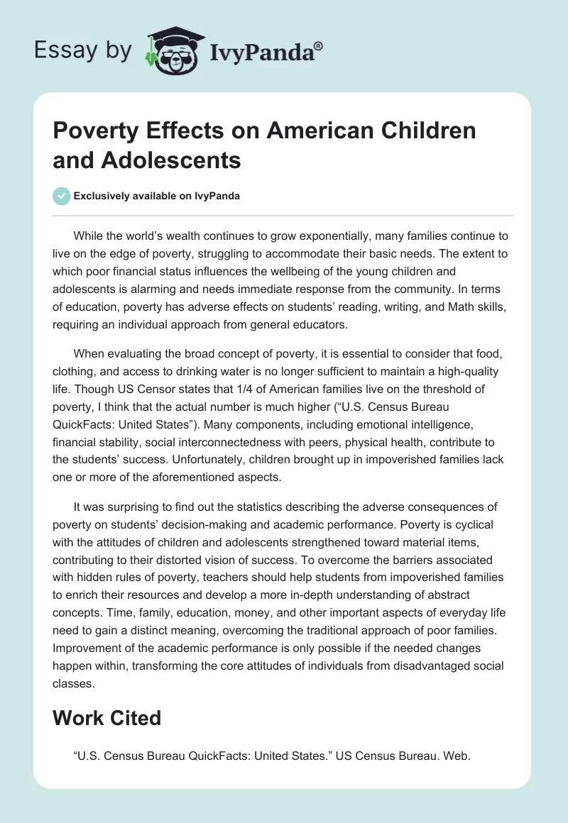 Poverty Effects on American Children and Adolescents. Page 1