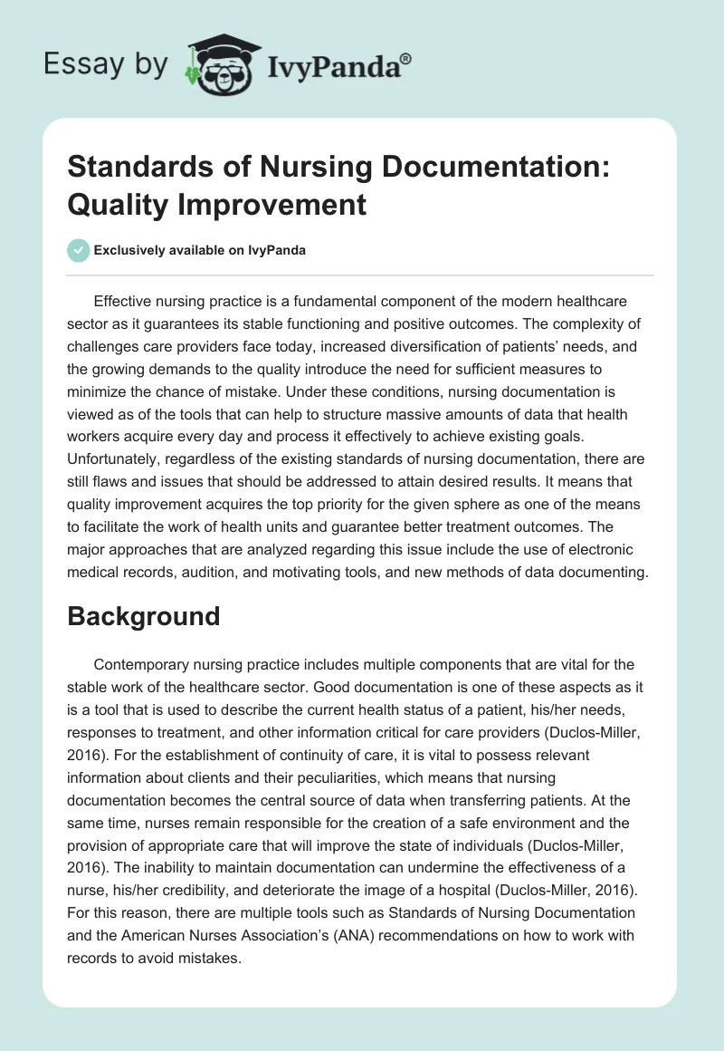 Standards of Nursing Documentation: Quality Improvement. Page 1
