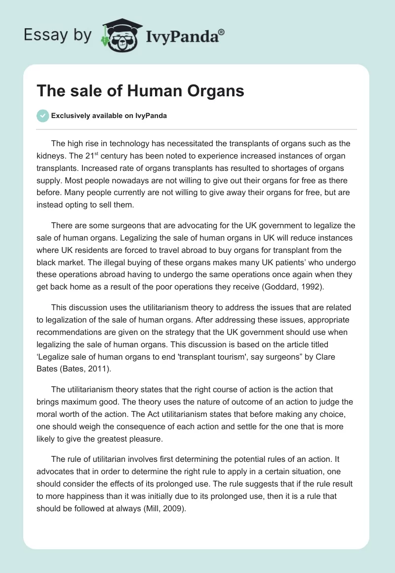 The sale of Human Organs. Page 1