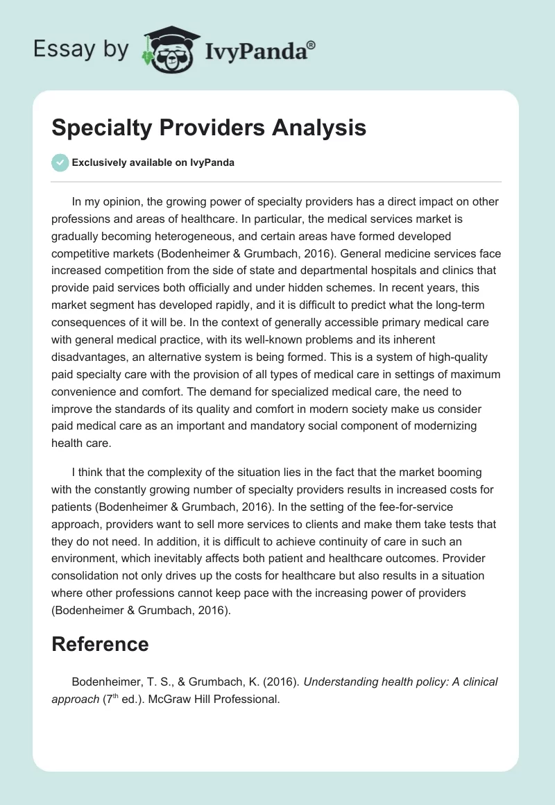 Specialty Providers Analysis. Page 1