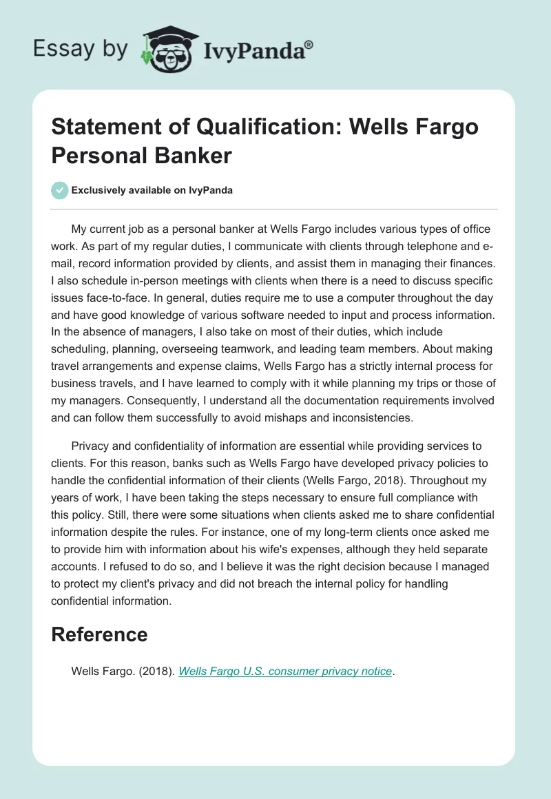 Statement of Qualification: Wells Fargo Personal Banker. Page 1