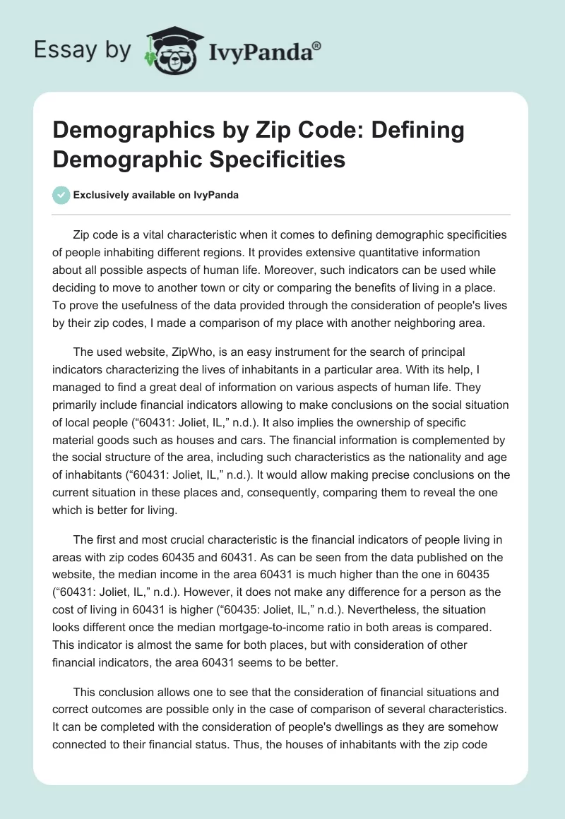 Demographics by Zip Code: Defining Demographic Specificities. Page 1