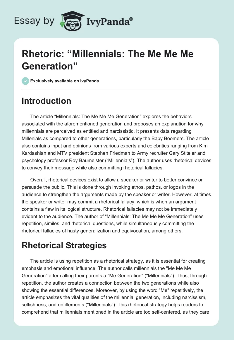 Rhetoric: “Millennials: The Me Me Me Generation”. Page 1